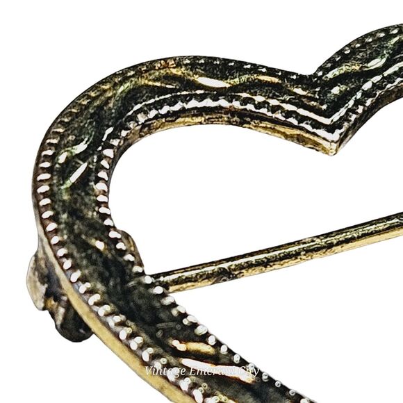 Etched Heart Brooch Blue Stone Beaded Loyalty Pin Gold Tone Unique Love Unisex - Picture 6 of 9